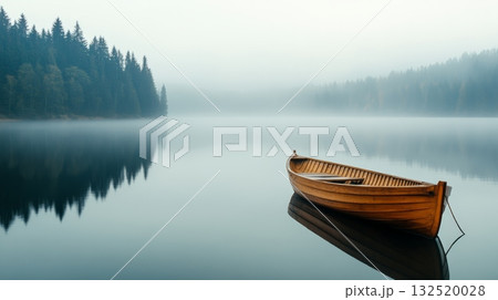 Early morning mist enveloping a tranquil lake reflects the silhouettes of pine trees, with a lone wooden boat resting peacefully in the foreground, creating serene nature 132520028