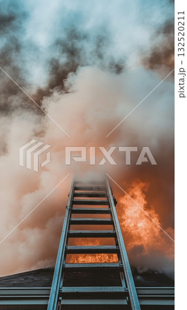 Firefighters using a ladder are bravely battling flames and thick smoke while executing a dangerous rescue mission at a burning building, showcasing their skill and courage Firefighters using a ladder are bravely battling flames and thick smoke while executing a dangerous rescue mission at a burning building, showcasing their skill and courage 132520211