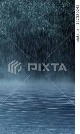 Heavy rain is falling on a rippling water surface creating a mesmerizing texture, with dark trees in the background adding a touch of mystery to the scene 132520242