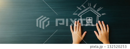 Child's hands sketch a simple house with chalk on a dark green chalkboard, symbolizing creativity and imagination in education and learning environments 132520253