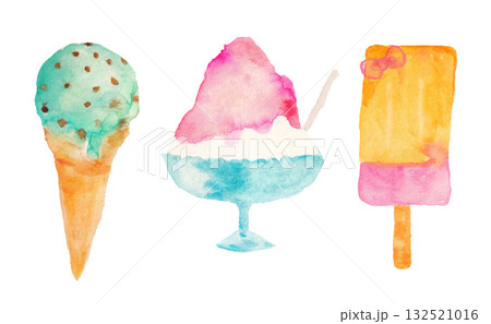水彩で描いたかき氷とアイスのセット 132521016
