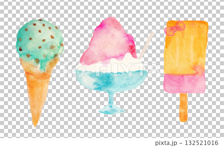 水彩で描いたかき氷とアイスのセット 132521016