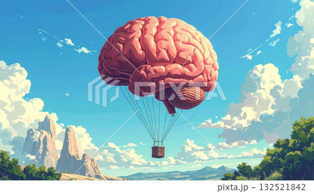 Colorful paragliders and hot air balloons fly high across the summer sky, an adventurous flight over a beautiful landscape 132521842