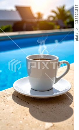 Coffee drink mug on a table at sunset on the beach 132521857
