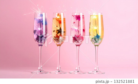 Two glasses of champagne on a white surface with bubbles, a perfect liquid drink for a celebration or anniversary party toast Two glasses of champagne on a white surface with bubbles, a perfect liquid drink for a celebration or anniversary party toast 132521881