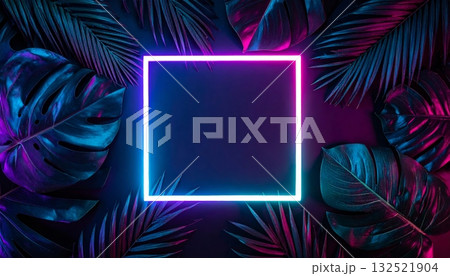 A colorful pattern of purple feathers and green leaves creates a vibrant nature backdrop texture illustration 132521904