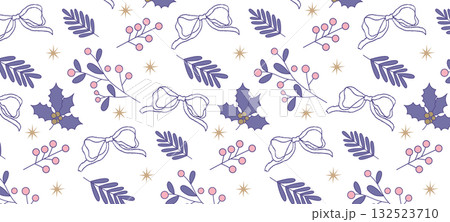 かわいいリボンと冬の葉っぱのシームレスパターン背景素材 かわいいリボンと冬の葉っぱのシームレスパターン背景素材 132523710
