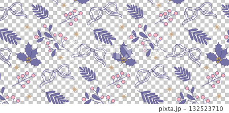 かわいいリボンと冬の葉っぱのシームレスパターン背景素材 かわいいリボンと冬の葉っぱのシームレスパターン背景素材 132523710