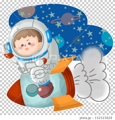 圖:一個裝扮成太空人的孩子乘坐火箭 圖:一個裝扮成太空人的孩子乘坐火箭 132523828