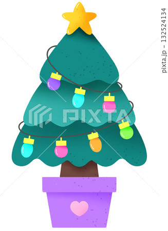 Cute Christmas Tree with Yellow Star and Colorful Light Ornaments 132524134
