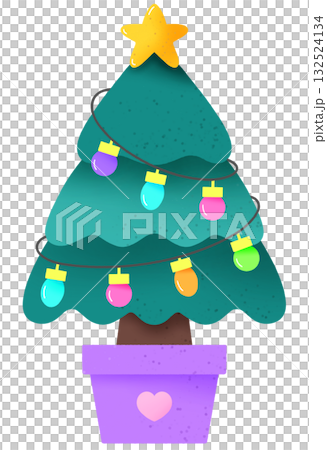 Cute Christmas Tree with Yellow Star and Colorful Light Ornaments 132524134