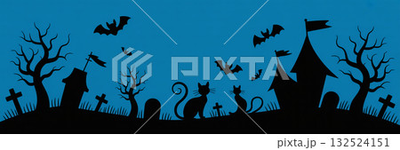 シンプルでおしゃれなハロウィンバナーイラスト（墓地と黒猫のシルエットデザイン） 132524151