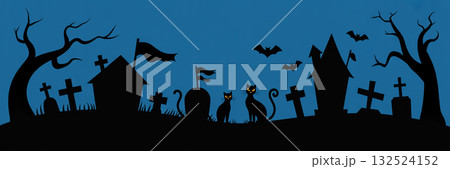 シンプルでおしゃれなハロウィンバナーイラスト(墓地と黒猫のシルエットデザイン) シンプルでおしゃれなハロウィンバナーイラスト(墓地と黒猫のシルエットデザイン) 132524152