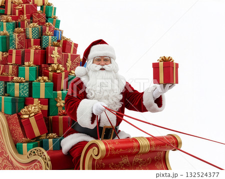 トナカイとそりに乗りプレゼントを届けるサンタクロース トナカイとそりに乗りプレゼントを届けるサンタクロース 132524377