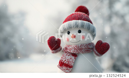 Snowman in a red hat and scarf in the snow, created AI 132524524