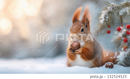 Squirrel in snow holds a nut as snow falls, created AI 132524525