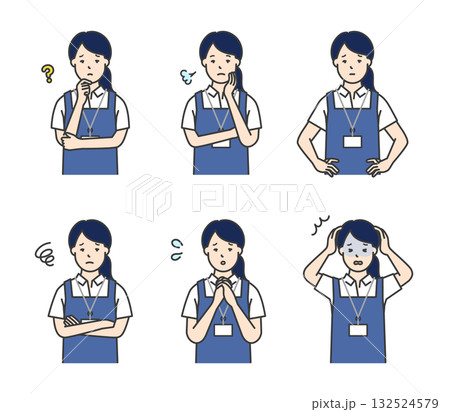 不安・困り顔の介護士のアイコンセット イラスト素材 132524579