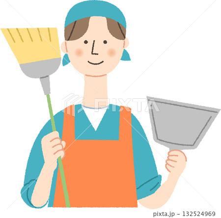 ほうきとちりとりを持つ男性 132524969