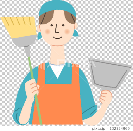 ほうきとちりとりを持つ男性 132524969
