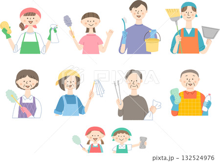 掃除道具を持つ人々のセット 掃除道具を持つ人々のセット 132524976