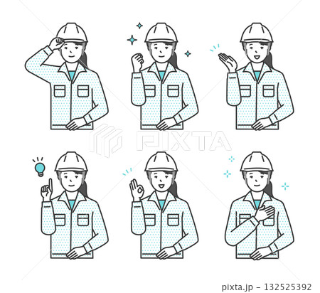 ヘルメットをかぶった作業員のイラスト素材セット ヘルメットをかぶった作業員のイラスト素材セット 132525392