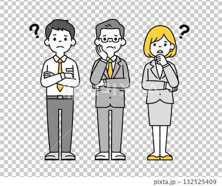 一套全身向量插圖,描繪了表情憂慮、雙臂交叉的男女辦公室職員和總裁。 一套全身向量插圖,描繪了表情憂慮、雙臂交叉的男女辦公室職員和總裁。 132525409