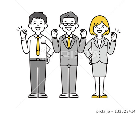 笑顔で頑張る、シニア世代の経営者と若い男女の従業員の全身ベクターイラスト素材セット 132525414