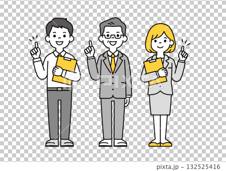 一組全身向量插圖，描繪了一位年輕員工和一位年長的經理手持文件，正在提出建議的場景。 132525416