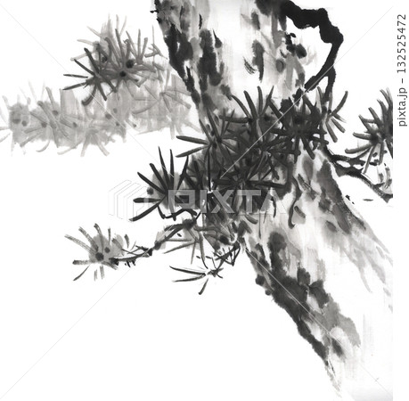 水墨で描いた松の幹と葉 132525472