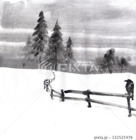 水墨で描いた雪景色 烏 水墨で描いた雪景色 烏 132525476