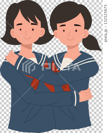 friendship and togetherness concept. japanese schoolgirls kawaii asian students in sailor uniform friendship hug. 132525673