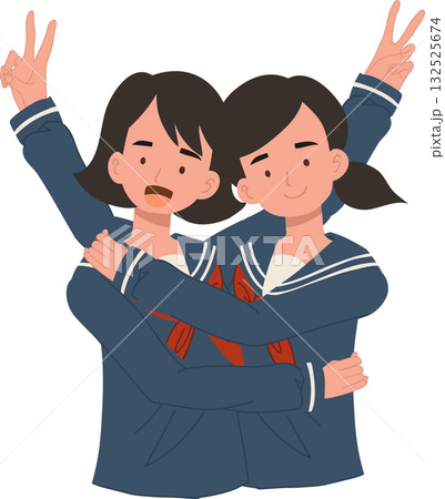 friends japanese schoolgirls in sailor uniform showing peace sign and smiling together friendship and youth culture concept 132525674