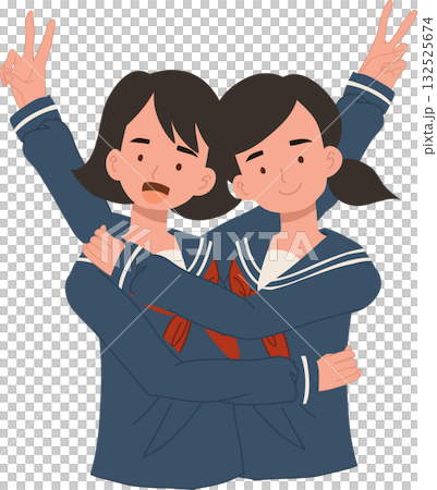 friends japanese schoolgirls in sailor uniform showing peace sign and smiling together friendship and youth culture concept 132525674