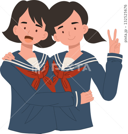 cute japanese schoolgirls in sailor outfit smiling and showing peace sign friendship 132525676