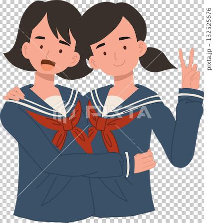 cute japanese schoolgirls in sailor outfit smiling and showing peace sign friendship 132525676