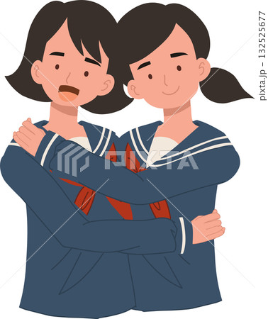 japanese high school girls hugging each other friendship concept. cute students in blue uniforms expressing warmth and connection 132525677