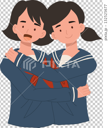 japanese high school girls hugging each other friendship concept. cute students in blue uniforms expressing warmth and connection 132525677