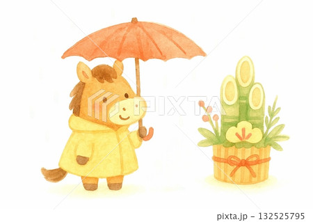 干支うま2026年 やさしい笑顔の馬キャラクター年賀状イラスト素材集 132525795