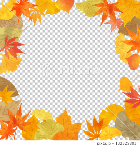 色とりどりに紅葉した落ち葉の正方形フレーム　ぬくもりのある手描き水彩タッチのイラスト 132525803