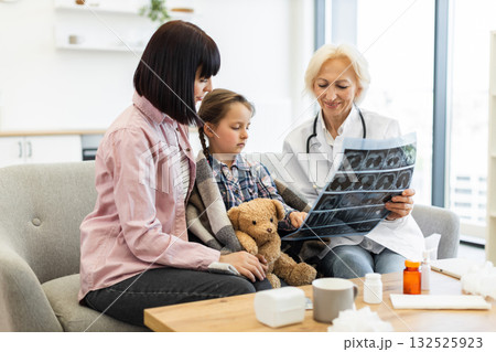 A doctor reviews a medical scan with a young girl and her mother in a medical setting. The child is wrapped in a blanket, holding a teddy bear. A doctor reviews a medical scan with a young girl and her mother in a medical setting. The child is wrapped in a blanket, holding a teddy bear. 132525923