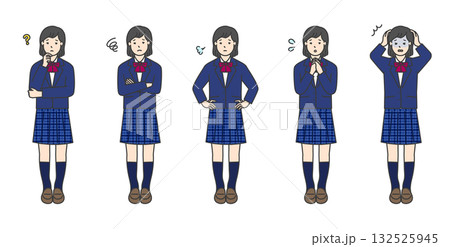 制服姿の女子学生の全身イラスト素材セット 132525945