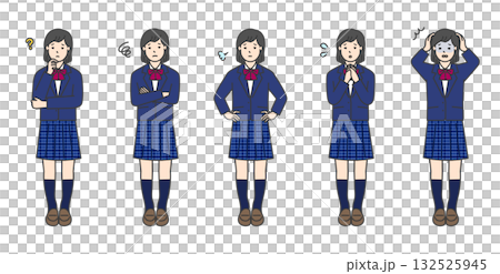 制服姿の女子学生の全身イラスト素材セット 132525945