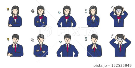 制服姿の女子学生と男子学生の上半身イラスト素材セット 132525949