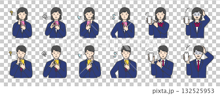 Set of upper body illustrations of female and male students in uniforms holding smartphones Set of upper body illustrations of female and male students in uniforms holding smartphones 132525953