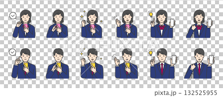 Set of upper body illustrations of female and male students in uniforms holding smartphones 132525955