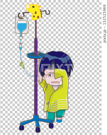 A child holding onto an IV stand and holding his forehead with his arm 132525969