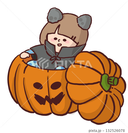 猫耳をつけた仮装をして大きなカボチャの入れ物に入ってくつろいでいる子どものイラスト 132526078