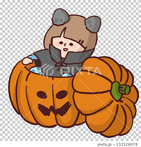 猫耳をつけた仮装をして大きなカボチャの入れ物に入ってくつろいでいる子どものイラスト 132526078