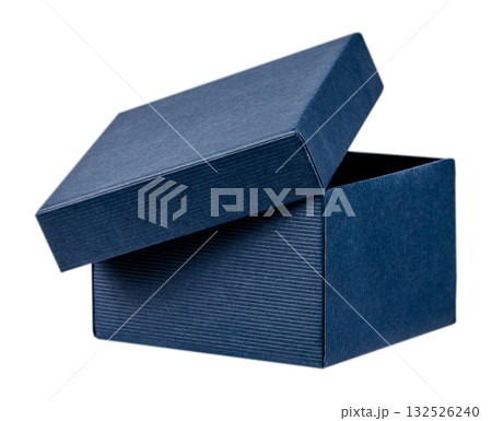 Open dark blue gift box with textured surface, isolated on white background. Minimal and elegant packaging concept for luxury gifts, jewelry, or special occasions Open dark blue gift box with textured surface, isolated on white background. Minimal and elegant packaging concept for luxury gifts, jewelry, or special occasions 132526240