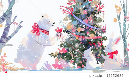 動物たちと飾るクリスマスツリー 132526824